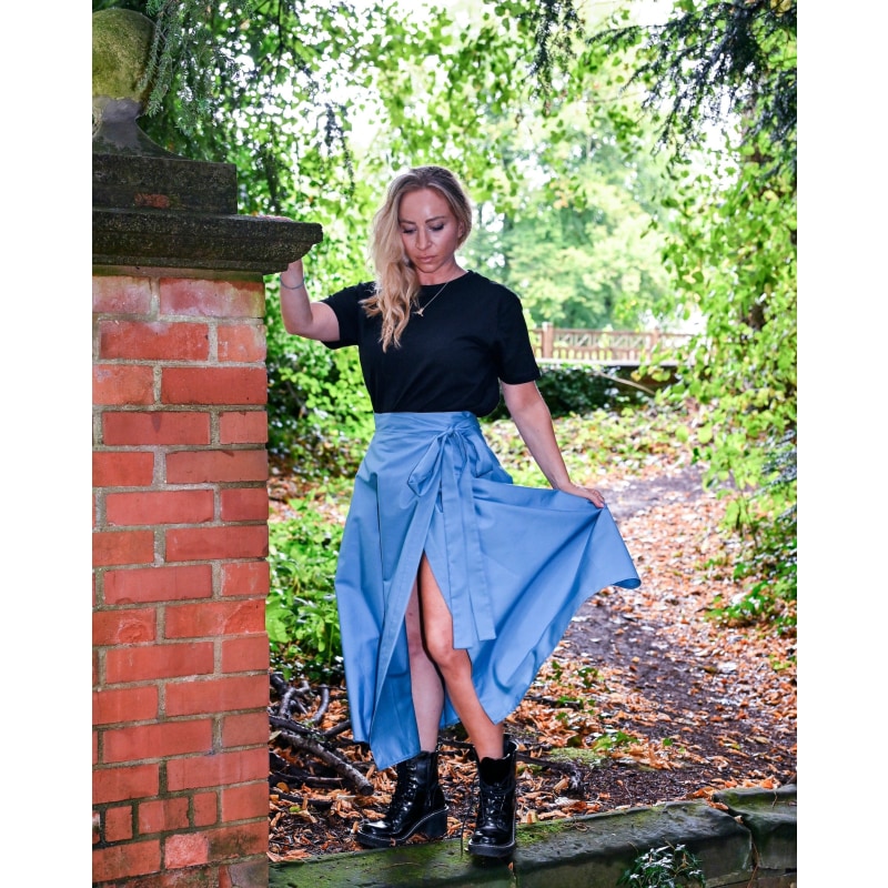 Meyer Wrap Midi Skirt In Wedgwood With Pockets by Frock Tales