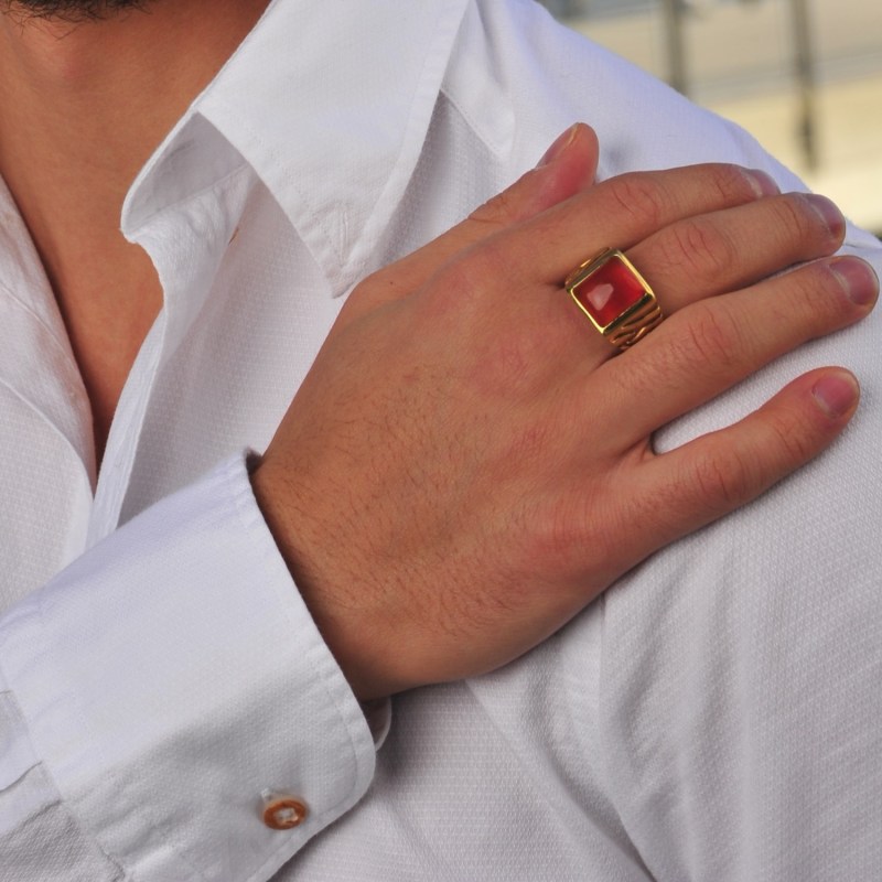 Thumbnail of Cracked Agate Stone Signet Ring In Brown Rhodium & 14K Yellow Gold Plated Sterling Silver image