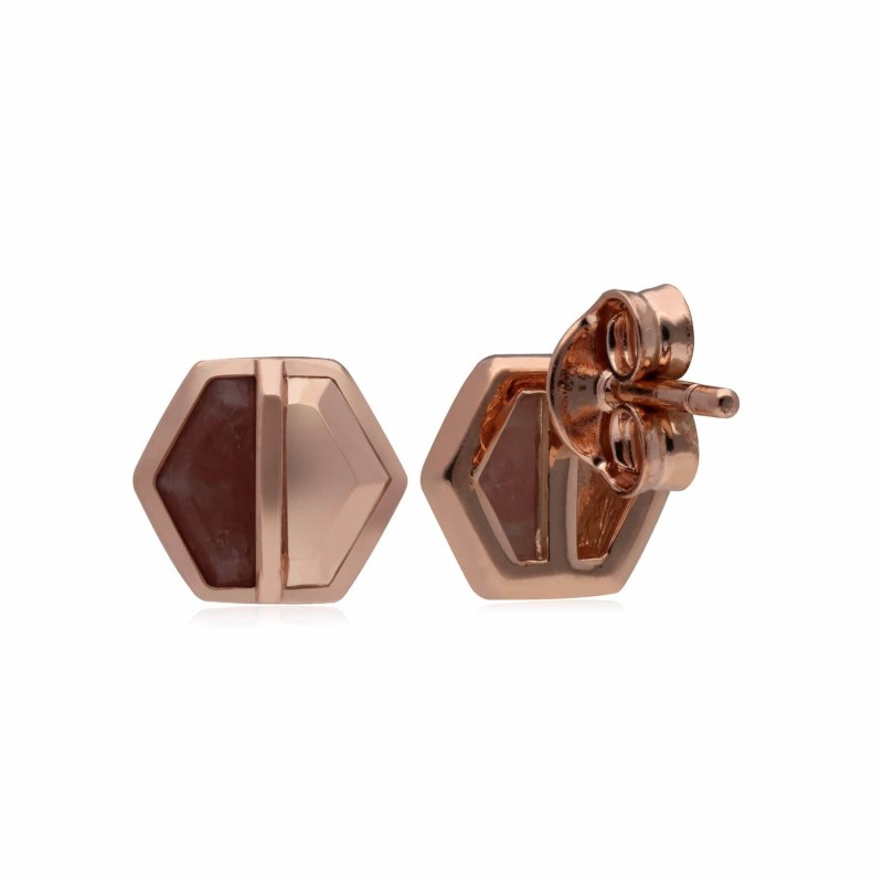 Micro Statement Rhodochrosite Hexagon Stud Earrings In Rose Plated Silver by Gemondo