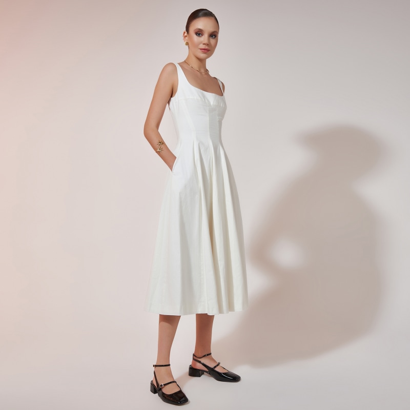 Mid Length Poplin Dress Ivory by Avenue 8
