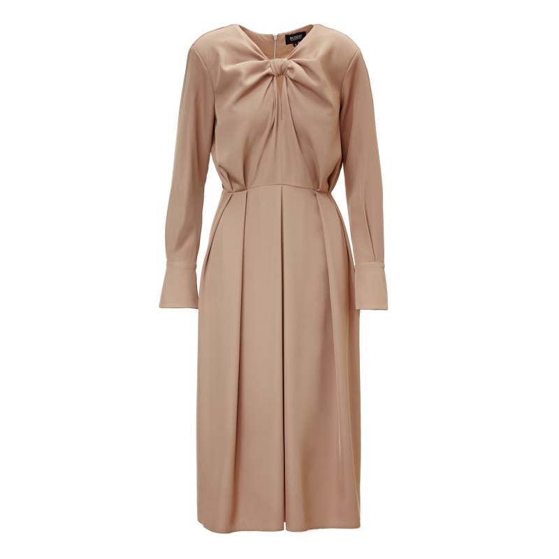 Midi Beige Dress With Ring Detail And Pleats | BLUZAT | Wolf & Badger