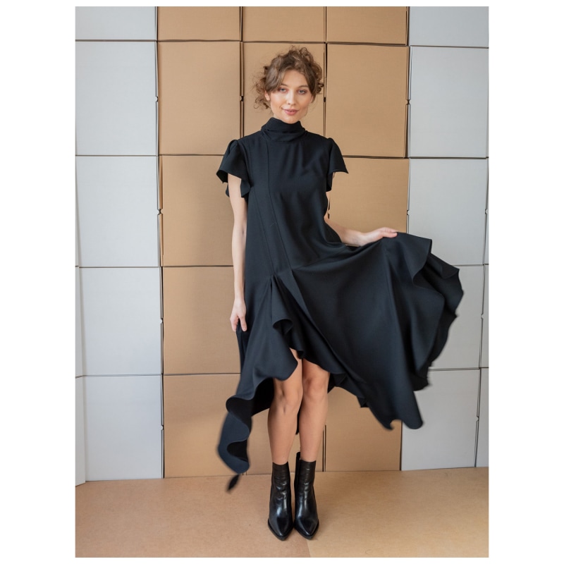 Midi Black Dress With Side Slits And Cascading Ruffles With Black Scarf concept A trois Wolf Badger
