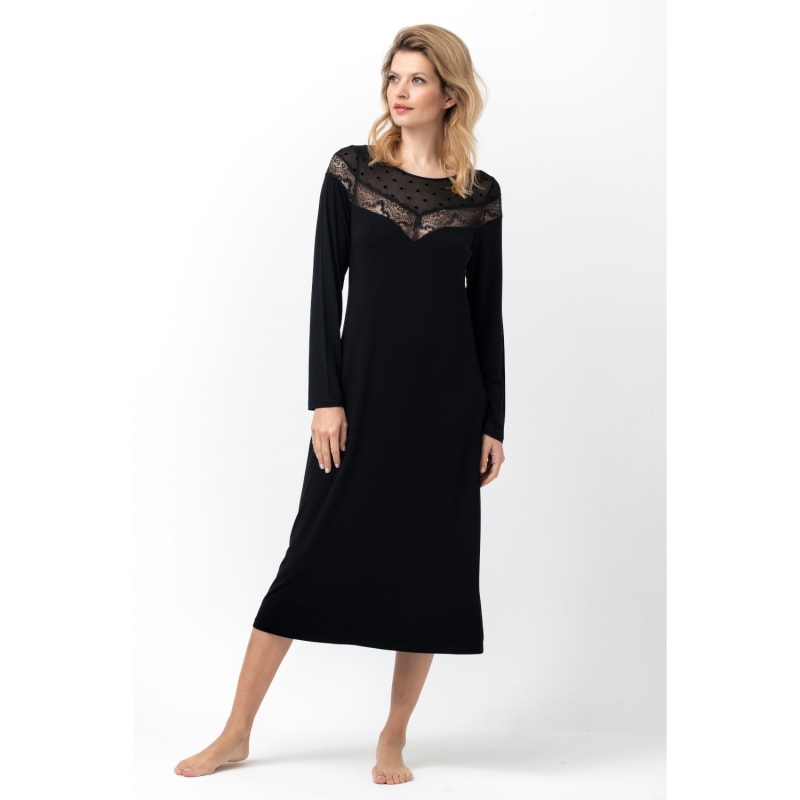 Thumbnail of Midi Viscose Nightgown With Lace & Polka Dot Tulle image