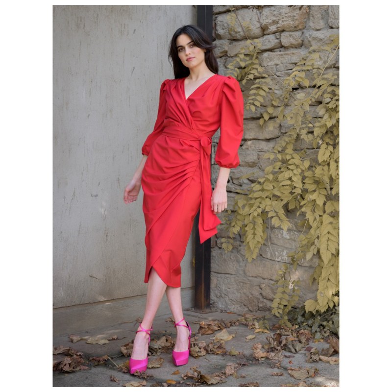 Red three quarter sleeve dress hotsell