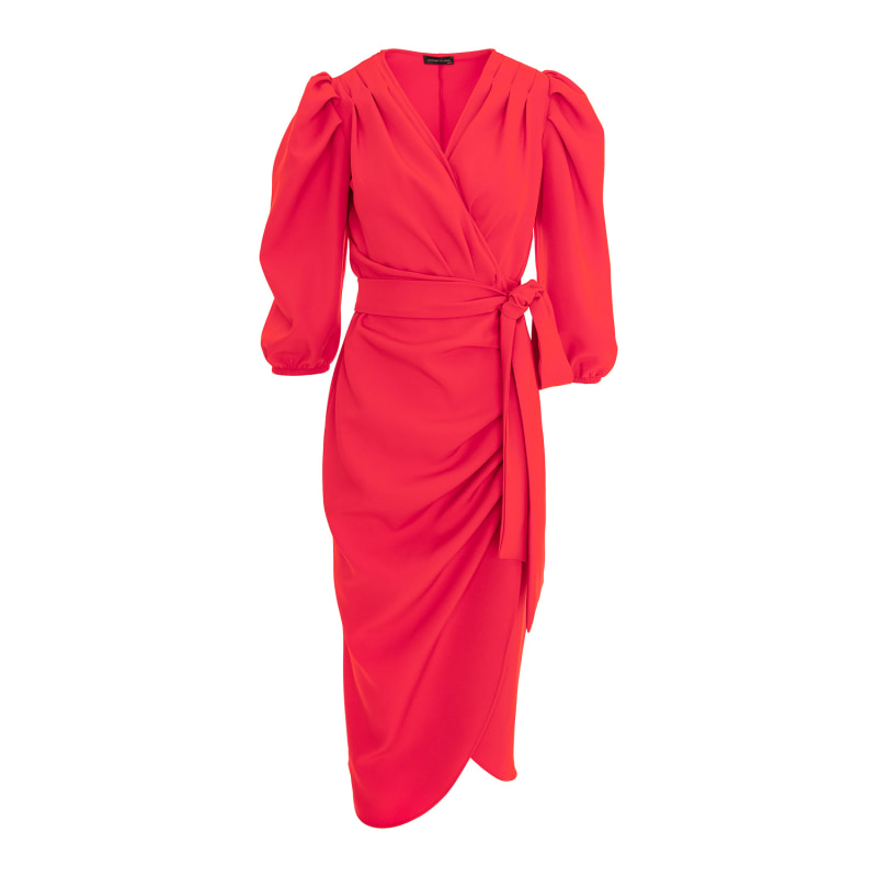 Midi Wrap Red Dress With Puffed Three Quarter Sleeves by concept A trois
