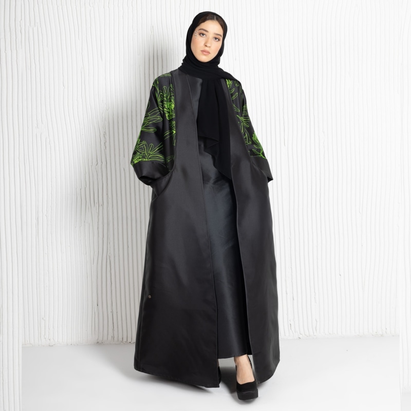 Thumbnail of Mikado Abaya With Rolled-Up Sleeves And Jacquard Printed Fine Line Pocket- Lime Punch image