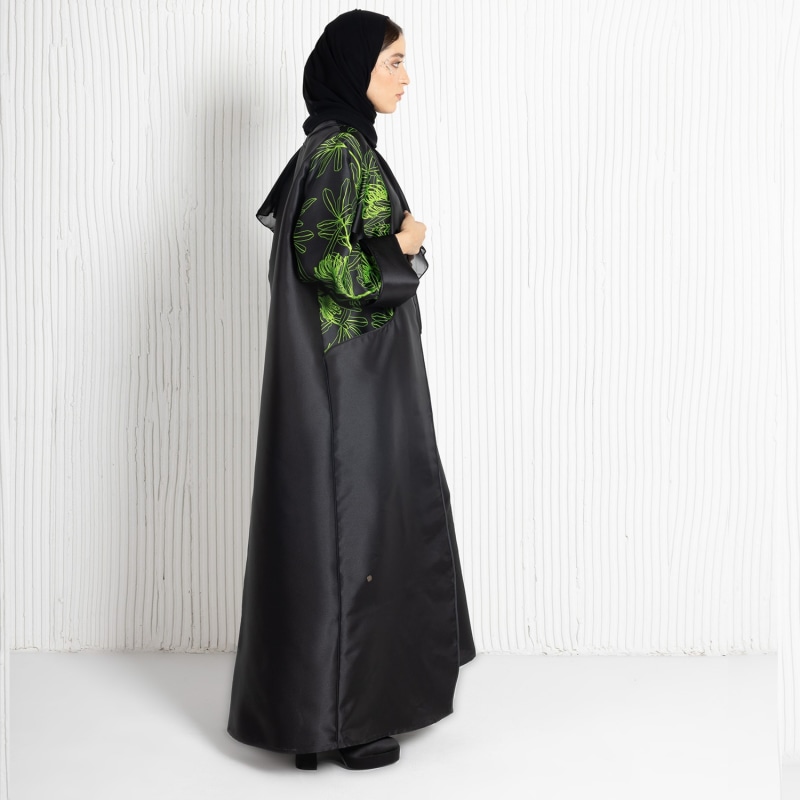 Thumbnail of Mikado Abaya With Rolled-Up Sleeves And Jacquard Printed Fine Line Pocket- Lime Punch image