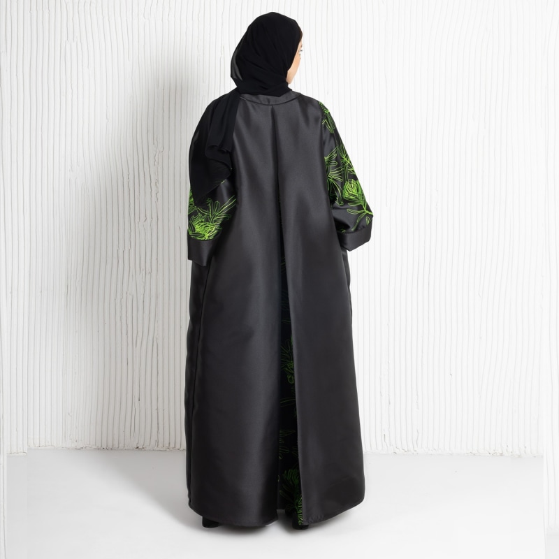 Thumbnail of Mikado Abaya With Rolled-Up Sleeves And Jacquard Printed Fine Line Pocket- Lime Punch image