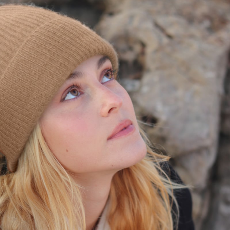 Milan Cashmere English Rib Turn-Up Beanie In Camel Melange by CHEEKY GOATS