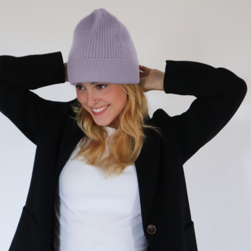 Milan Cashmere English Rib Turn-Up Beanie In Lilac by CHEEKY GOATS