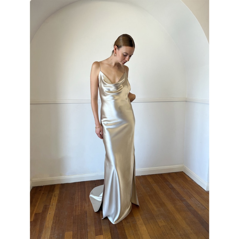 Mina Bias Cut Slip Dress With Train - Oyster | CREASE | Wolf Mina Bias Cut Slip Dress With Train - Oyster | CREASE | Wolf