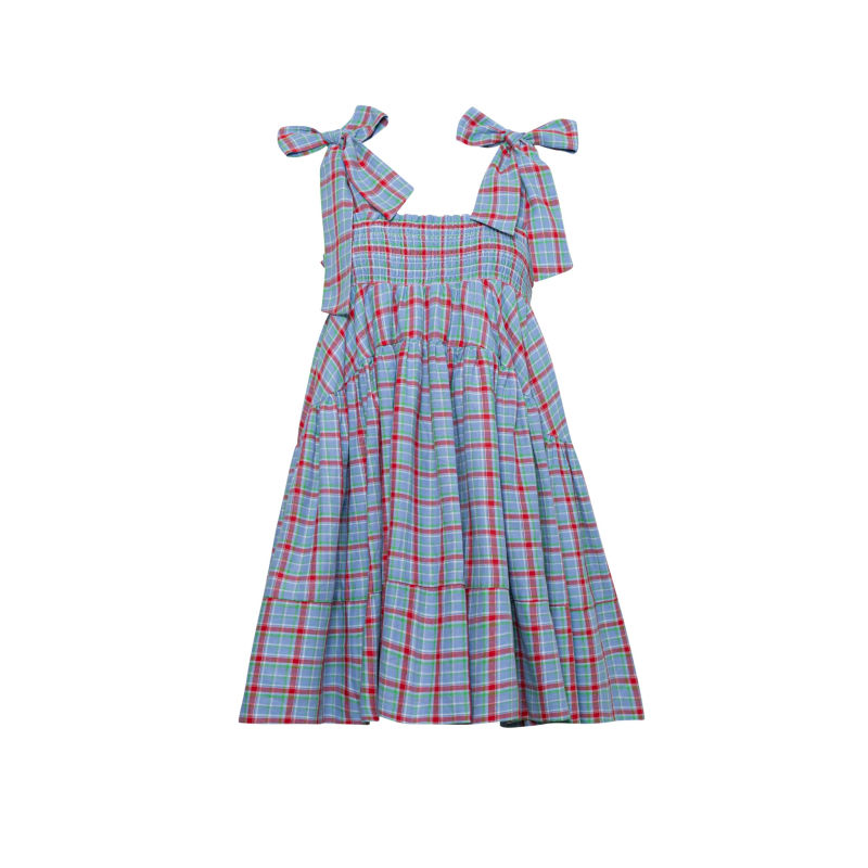 Thumbnail of Mirabel Shirred Cotton Mini Dress - Cornflower Blue Plaid image