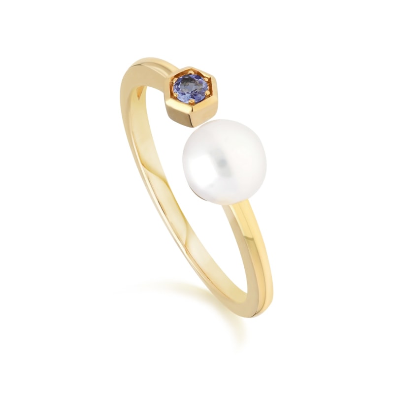 Thumbnail of Modern Pearl & Tanzanite Open Ring In 9Ct Yellow Gold image