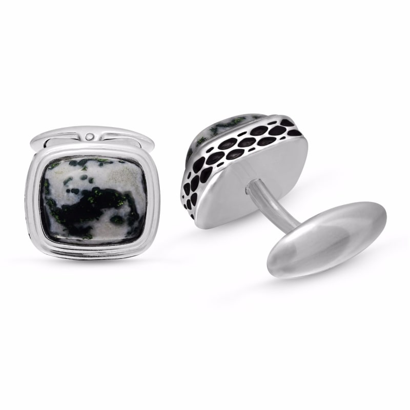 Thumbnail of Tree Agate Stone Cufflinks In Black Rhodium Plated Sterling Silver image