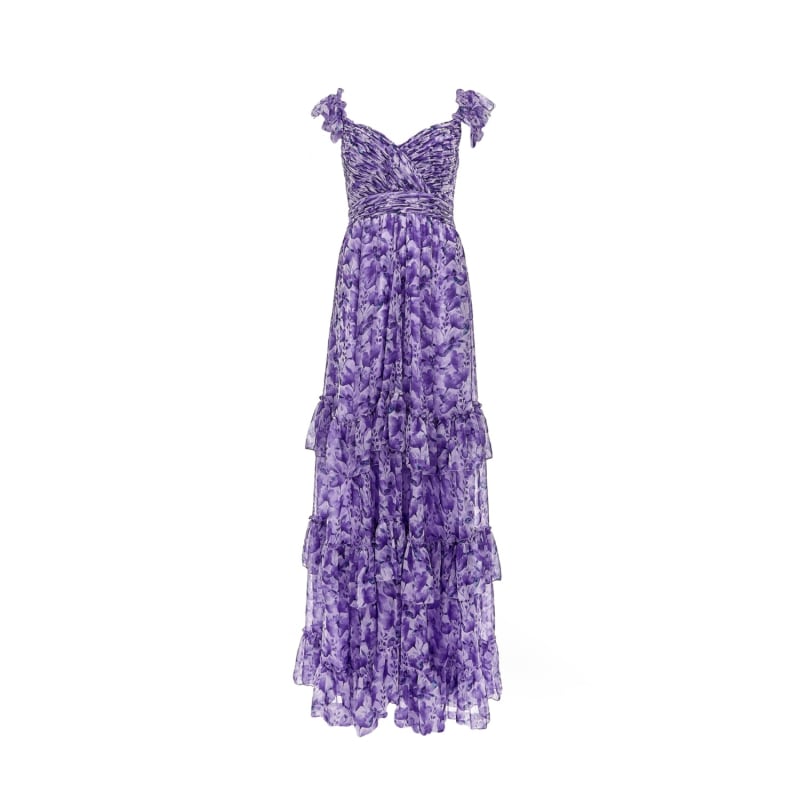 Thumbnail of Laura Printed Chiffon Long Evening Dress In Purple image