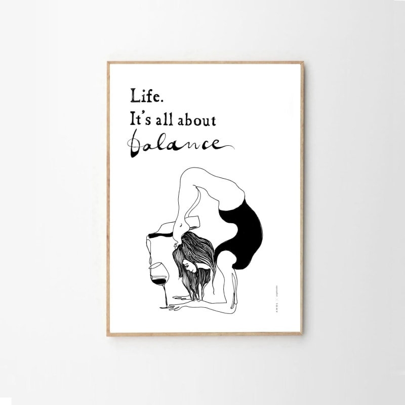 Thumbnail of Funny Yoga Art Print With Woman In Yoga Pose Pouring A Bottle Of Wine In A Glass: Life Is All About Balance Quote image