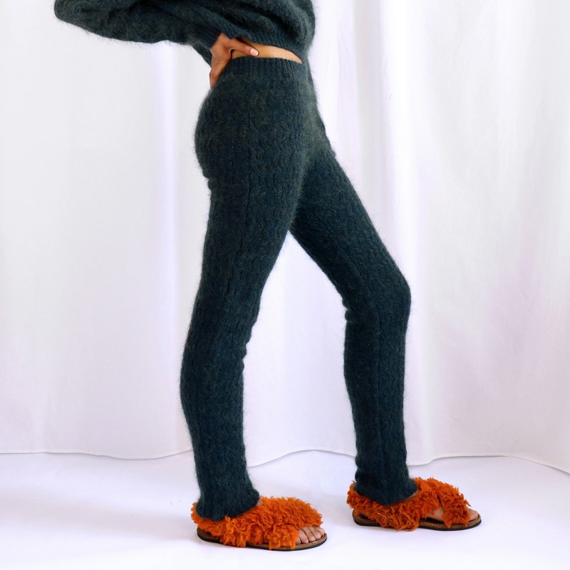 Mohair Zigzag Knitted Pants - Dark Green Melange