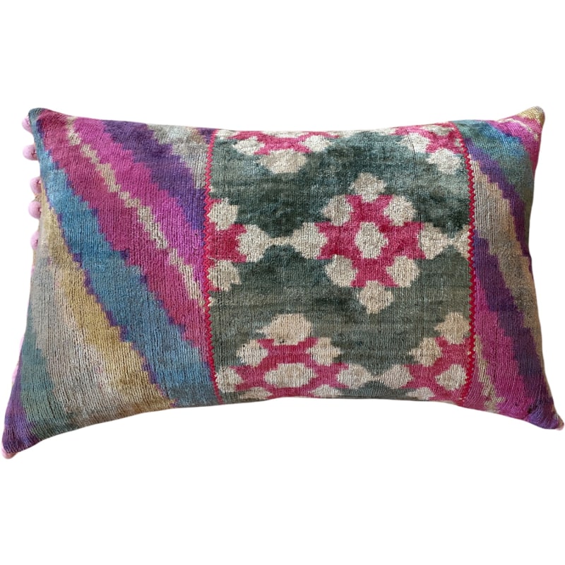 Thumbnail of Soft Teal And Pink Patchwork Pom Pom Cushion image