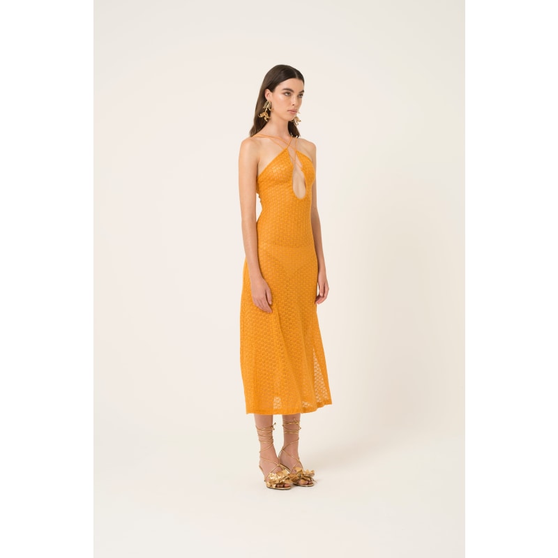 Thumbnail of Molly Orange Crochet Halter Neck Midi Dress image