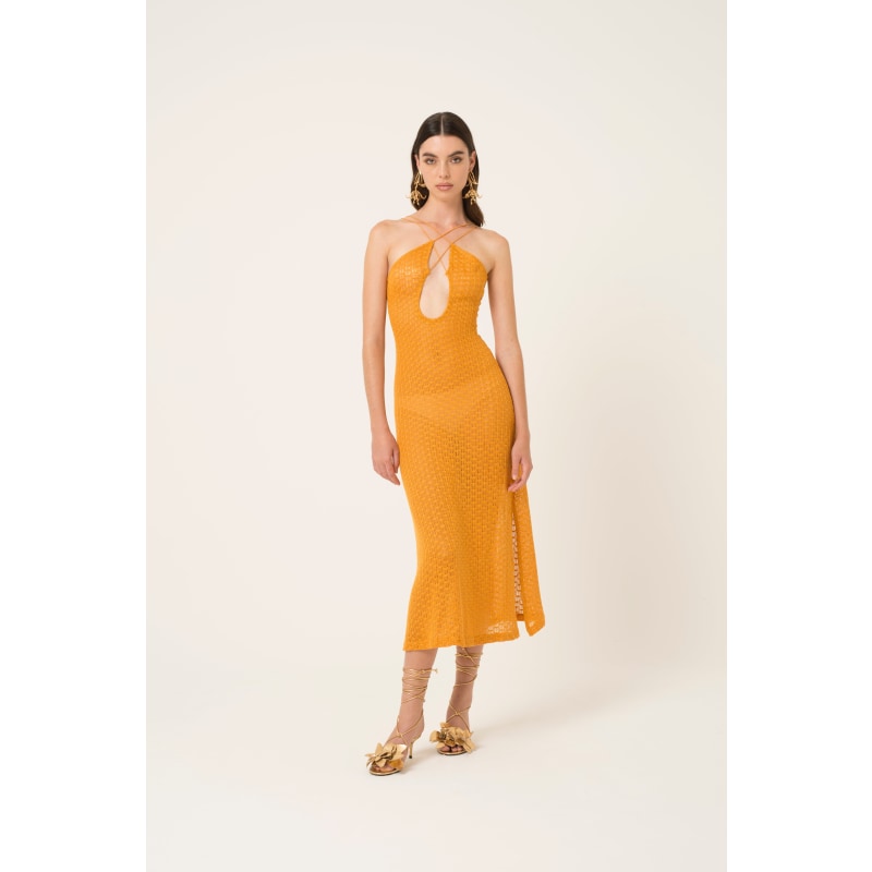 Thumbnail of Molly Orange Crochet Halter Neck Midi Dress image