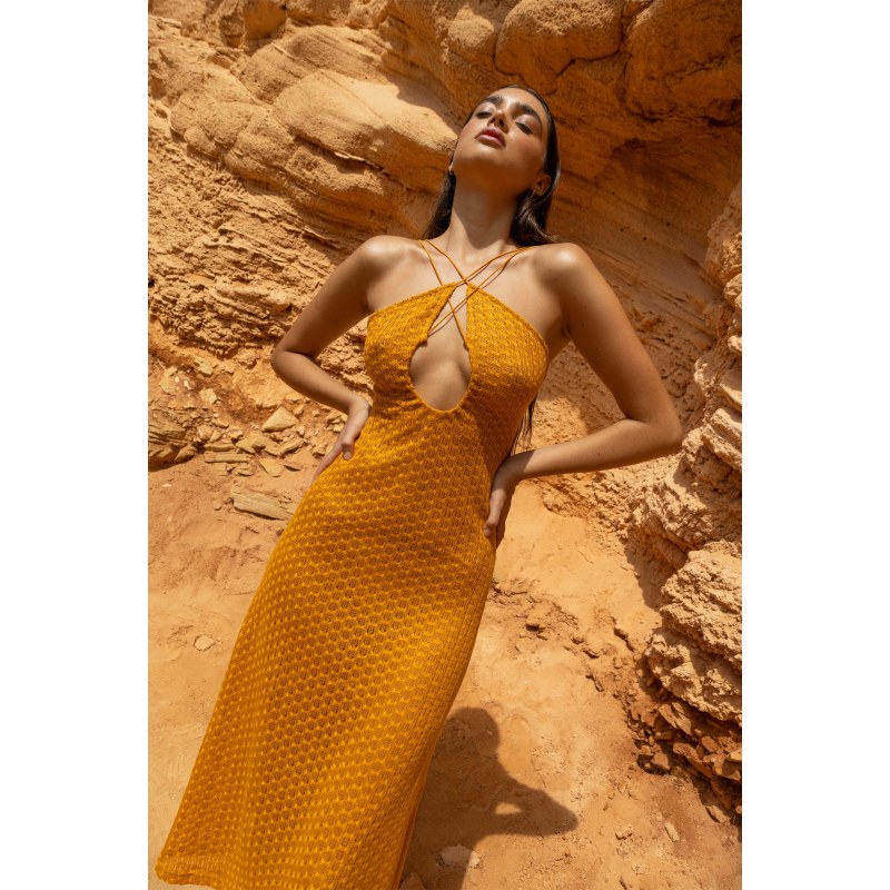 Thumbnail of Molly Orange Crochet Halter Neck Midi Dress image