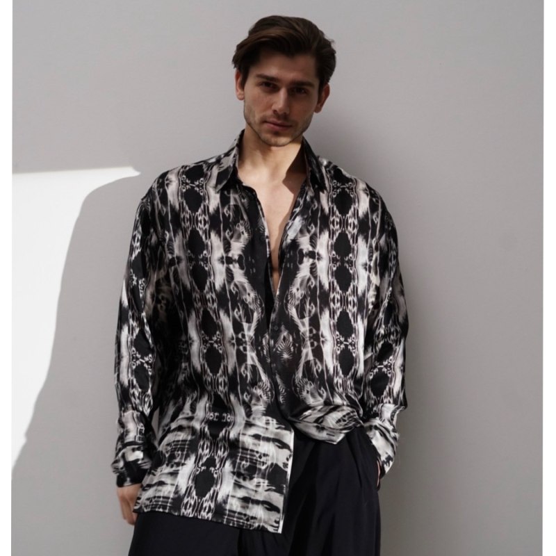 Men's Black / White Monochrome Print Silk Shirt | Medium | Tessitura