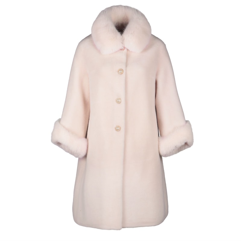 White Fur Trim Wool Coat with Rose Buttons - Sizes S-XL