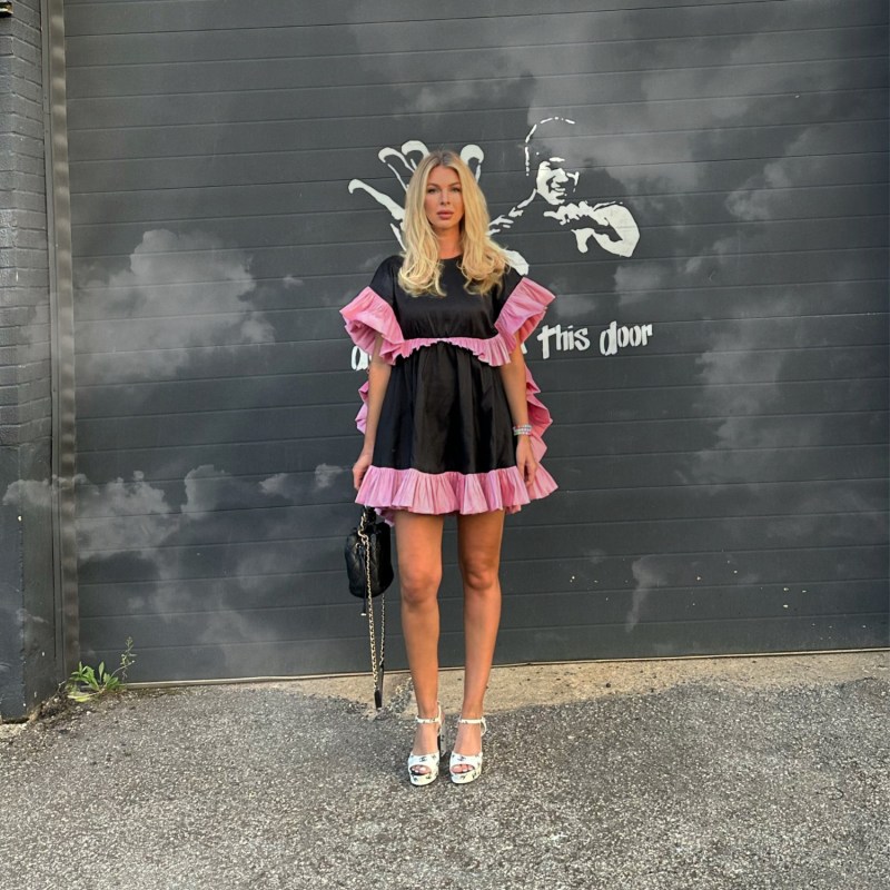 Thumbnail of Superheroine Pink And Black Ruffle Taffeta Cocktail Dress image