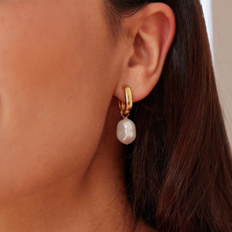 Thumbnail of Gold Thick Squared Hoop Pearl Drop Earrings image