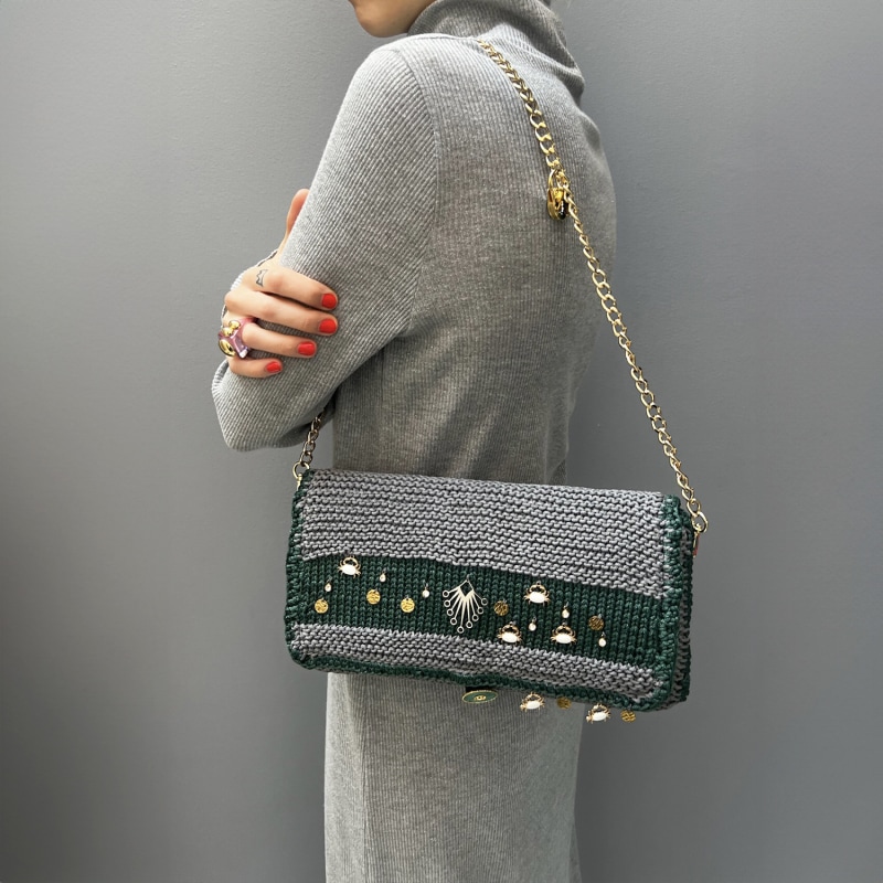 Thumbnail of Morrina - Hand Knitted Bag With Charms - Grey & Green image