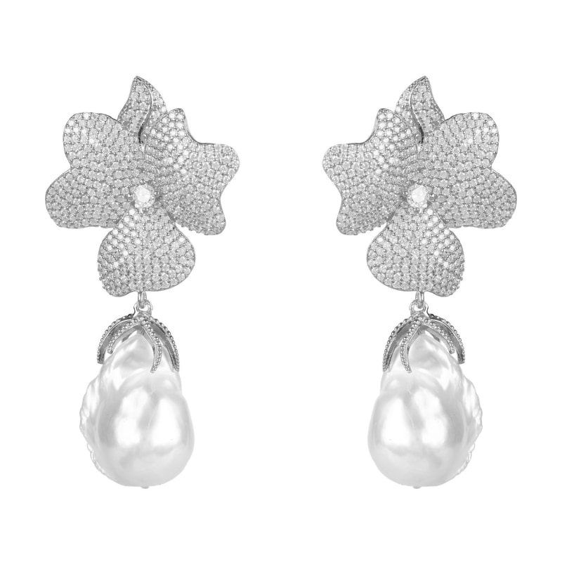 Thumbnail of Baroque Pearl White Flower Drop Earrings Silver image