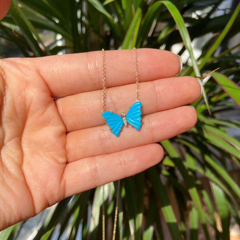 Thumbnail of Turquoise Butterfly Necklace With Diamonds And Prongs image