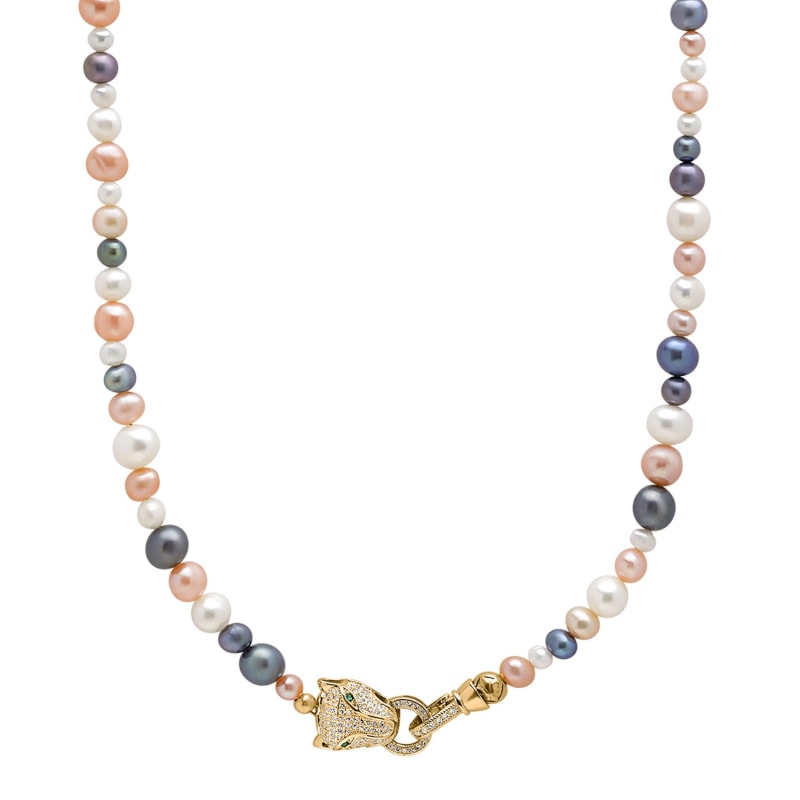 Multi Colored Pearl Necklace With Gold Plated Panther Head Lock