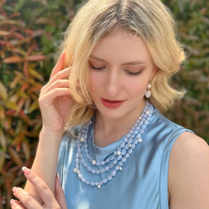 Thumbnail of Multi-Layers Blue Lace Agate With Pearls Necklace image