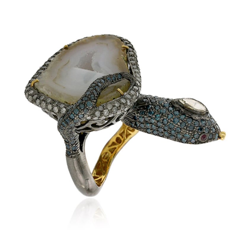 Thumbnail of Multicolor Diamond Pave & Ruby With Unshaped Geode In 18K Gold Silver Snake Stunning Ring image