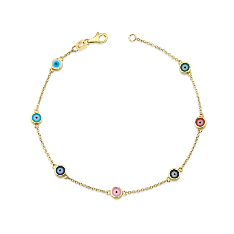 Multicolor Evil Eye Bracelet Solid Gold Seven Evil Eye Bracelet