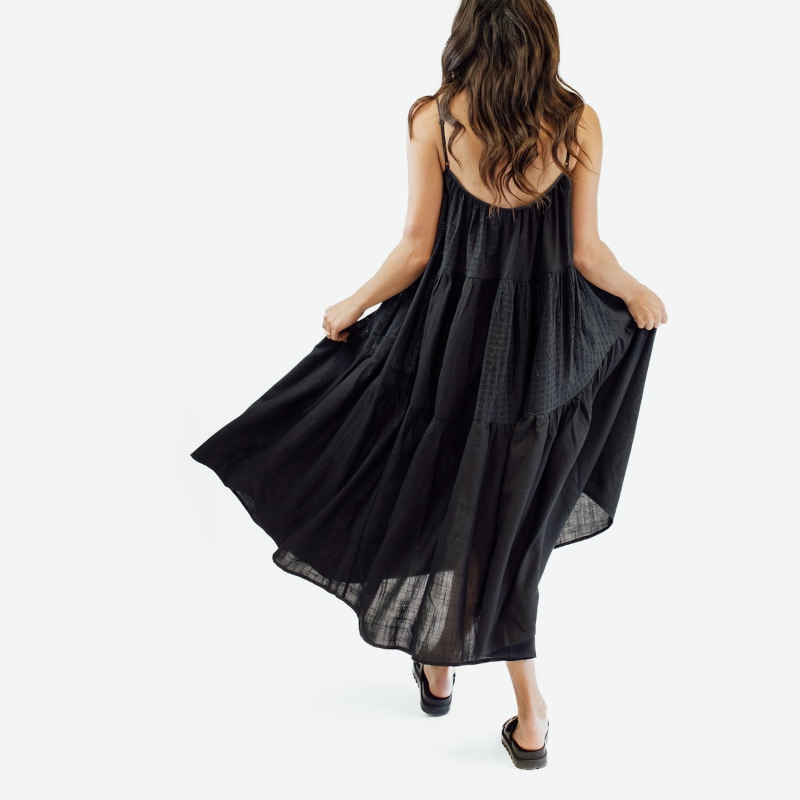 Thumbnail of Cotton Linen Tiered Patchwork Slip Dress - Black image