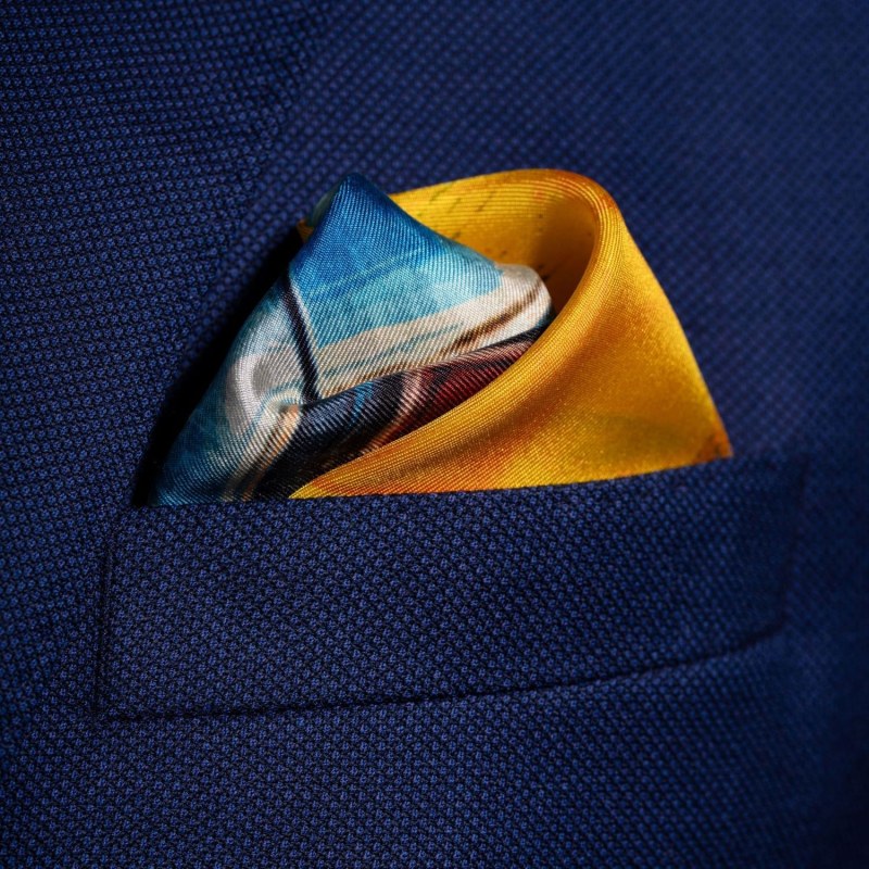 Thumbnail of ‘Muscle Car’ Silk Pocket Square In Blue & Orange. Full-Size. image