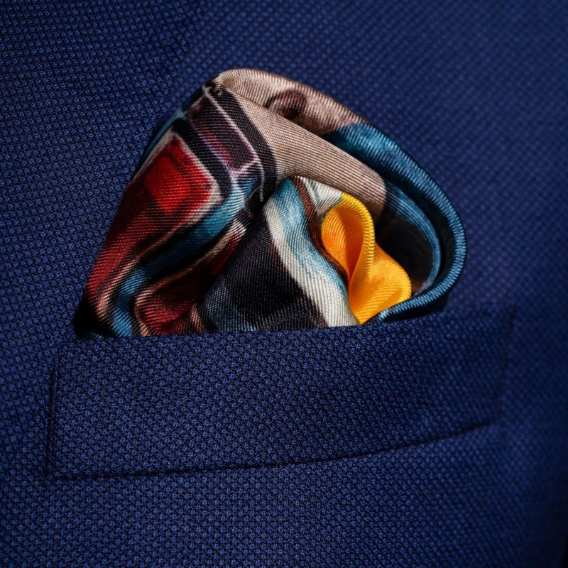 Thumbnail of ‘Muscle Car’ Silk Pocket Square In Blue & Orange. Full-Size. image