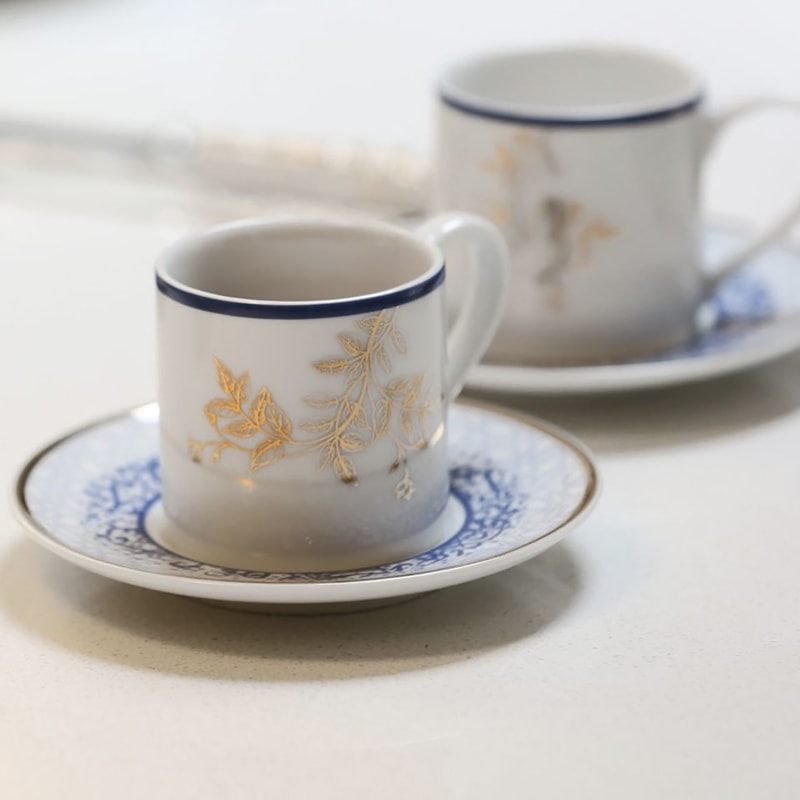 Porcelain Set of Two Espresso Cups and Saucers