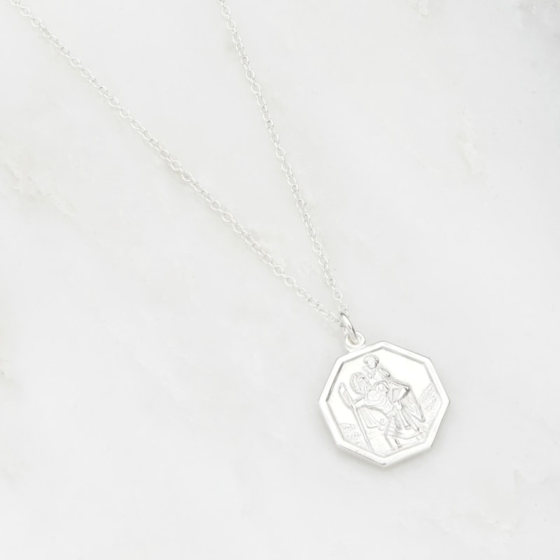 Thumbnail of Sterling Silver St Christopher Octagonal Medallion Necklace image