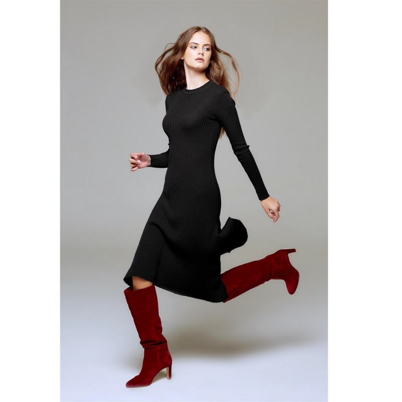 Thumbnail of Alexa Asymmetric Ribbed Wool Midi Dress In Black image
