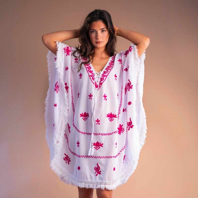 Thumbnail of Mykonos Embroidered White With Raspberry Kaftan image