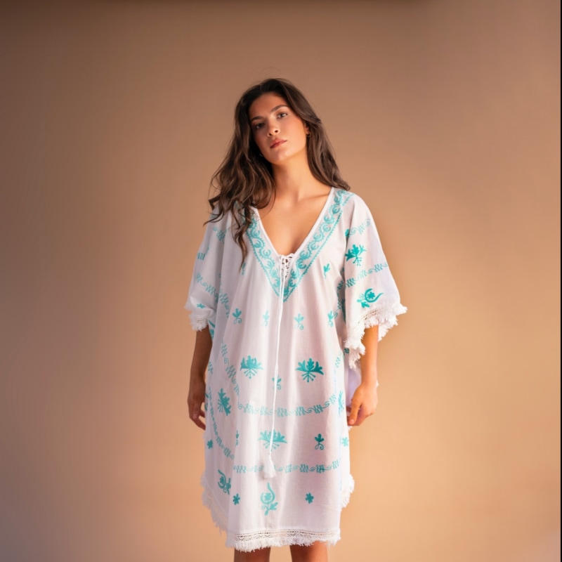 Thumbnail of Mykonos Embroidered White With Turquoise Kaftan image