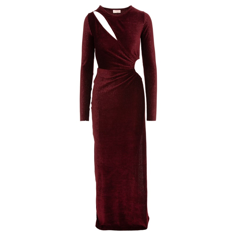 Women Maroon Rib Waist Cut Out Maxi Dress