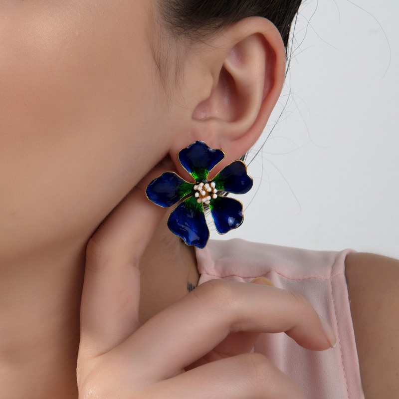 Thumbnail of Navy Blue & Green Wild Rose Flower Earrings image