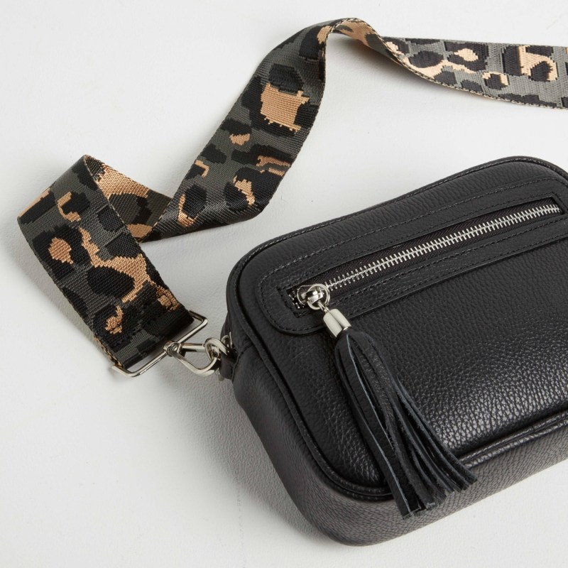 Dark Grey Leather Cross-body Bag With Grey Leopard Strap 