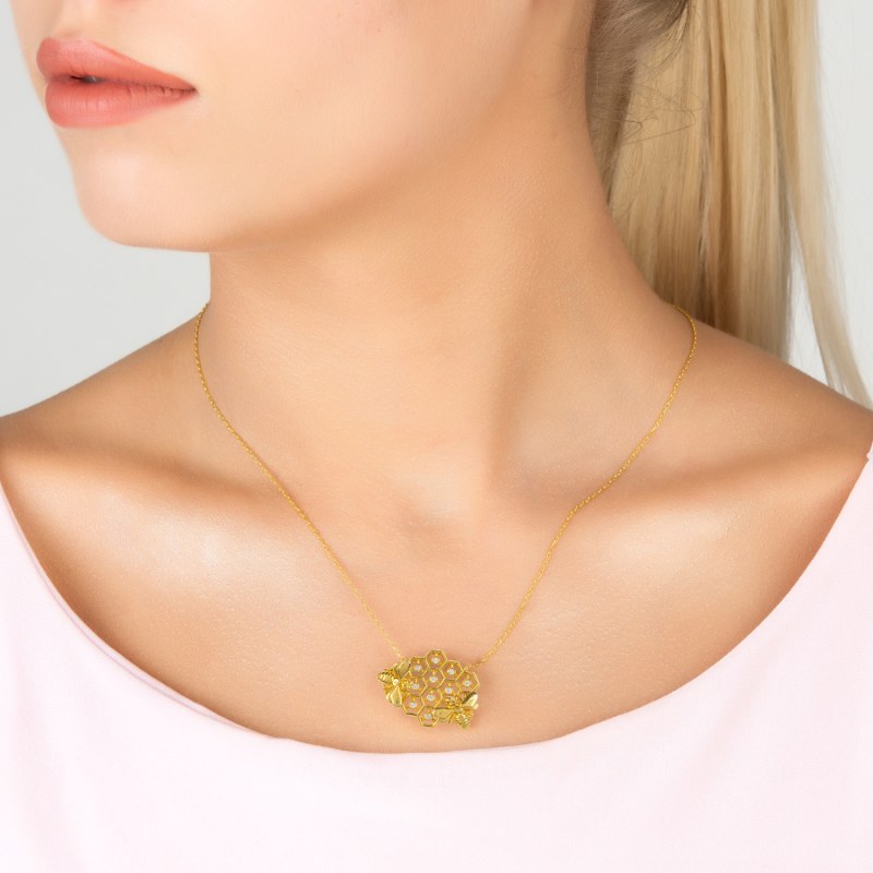 Thumbnail of Queen Bee Honey Comb Necklace Gold image