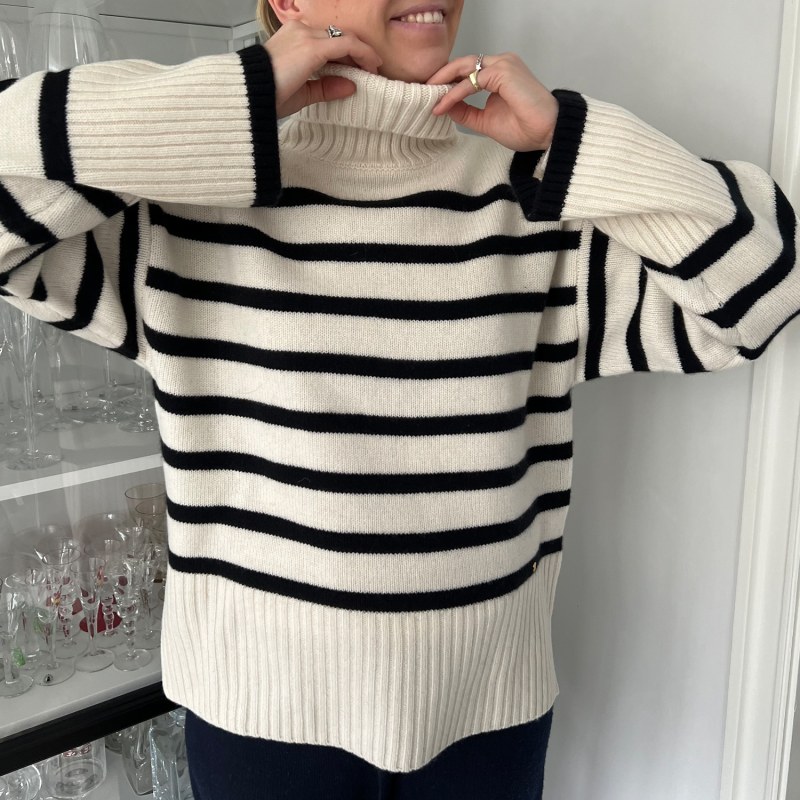 Thumbnail of Naomi Chunky Pure Cashmere Pullover With Turtle Neck And Stripes, Off White With Black Stripes image