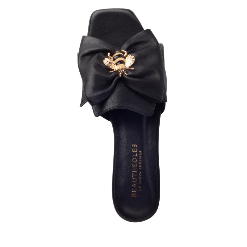 Natia Black Leather Flat Slip On Sandal | Beautiisoles by Robyn ...